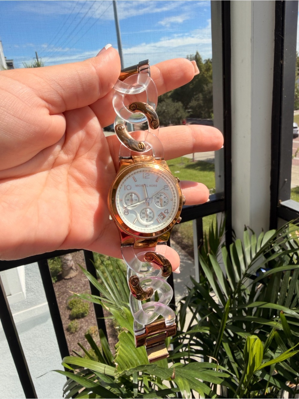 Michael Kors Gold Tone Watch with Clear Link Bracelet